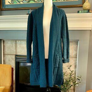 Aran Crafts Mallard Teal Cable Knit long cardigan merino wool sz M Ireland 🇮🇪
